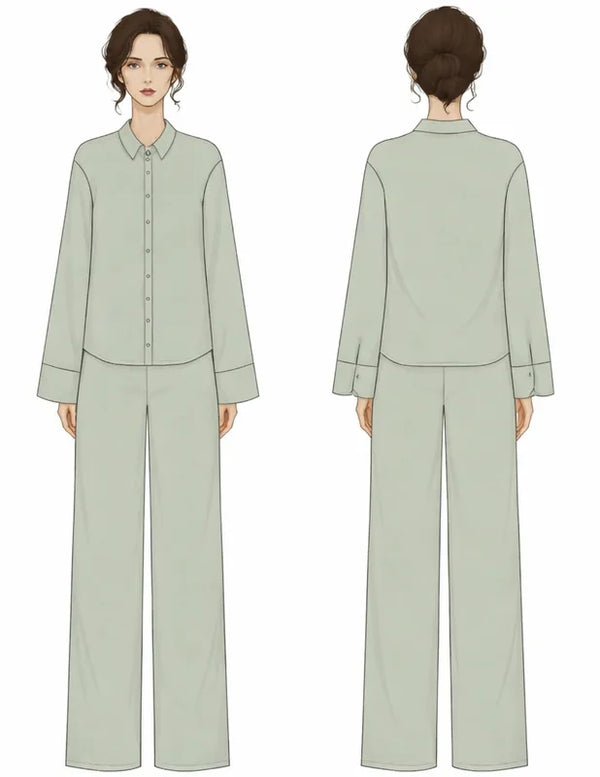 Patron PDF Ensemble Blouse & Pantalon Pyjama ROSIE, vue arrière, blouse boutonnée et pantalon large en lin