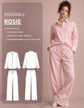 Patron PDF Ensemble ROSIE, blouse et pantalon pyjama du 30 au 58, porté en coton rayé rose pâle