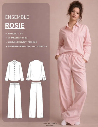 Patron PDF Ensemble ROSIE, blouse et pantalon pyjama du 30 au 58, porté en coton rayé rose pâle