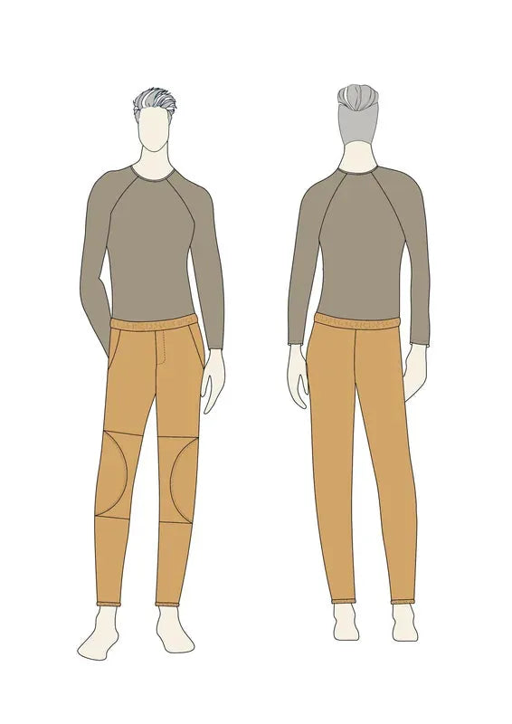 Patron PDF Homme & Femme Comfortino du S au XXL, vue technique avant-arrière, legging avec détails aux genoux en coton