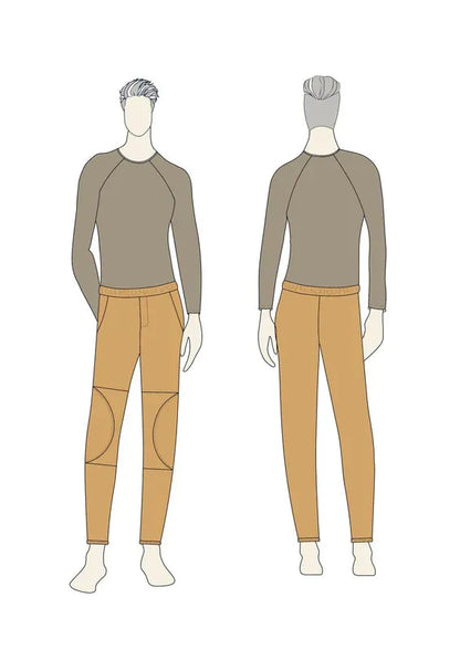 Patron PDF Homme & Femme Comfortino du S au XXL, vue technique avant-arrière, legging avec détails aux genoux en coton