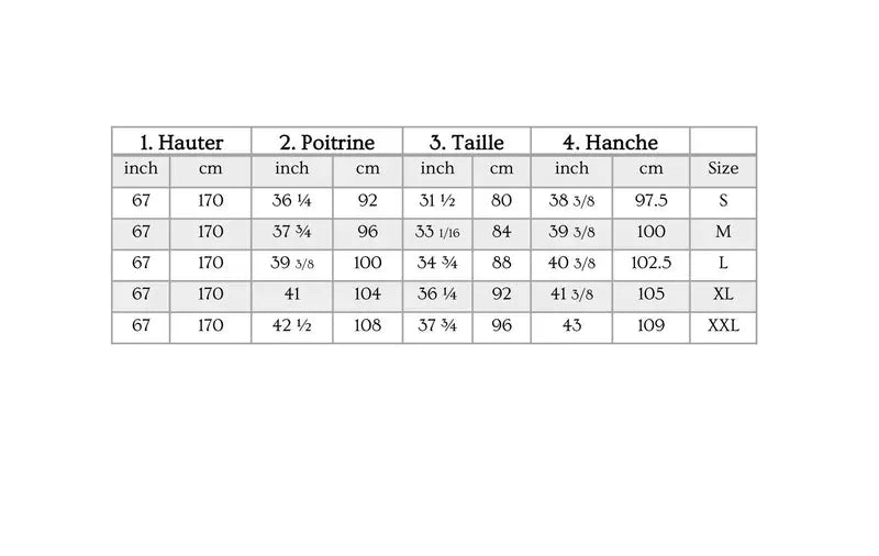 Tableau de mesures du Patron PDF Homme & Femme Comfortino du S au XXL par MUNA Patterns