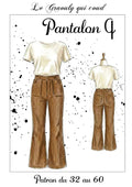 Patron PDF Pantalon Q du 32 au 60, vue de face et dos en velours côtelé beige, taille haute avec poches