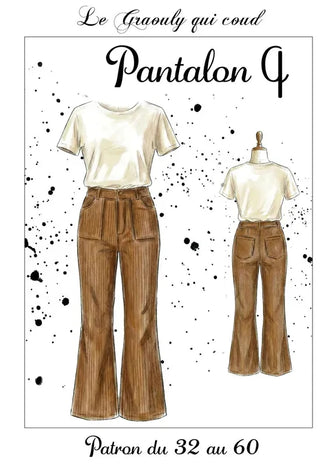 Patron PDF Pantalon Q du 32 au 60, vue de face et dos en velours côtelé beige, taille haute avec poches