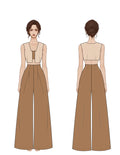 Patron PDF Pantalon femme LARA du 30 au 58, vue avant et arrière en sergé camel, taille haute plissée