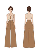 Patron PDF Pantalon femme LARA du 30 au 58, vue avant et arrière en sergé camel, taille haute plissée