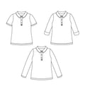 Patron PDF Polo multi-manches pour Toute la Famille Kiwi, trois vues de face avec col et boutons, manches courtes