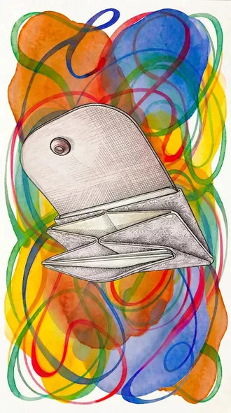 Patron PDF Porte Cartes Tsouin-Tsouin, illustration d'une baleine stylisée aux motifs colorés géométriques abstraits
