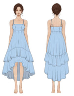 Patron PDF Robe ELLA femme du 30 au 58, vue dos, robe évasée à volants superposés et encolure carrée