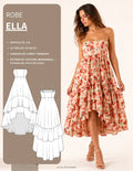 Patron PDF Robe ELLA du 30 au 58, robe trapèze à encolure carrée porté en coton fleuri rouge et crème, vue de face