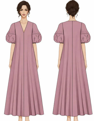 Patron PDF Robe Longue IRIS, vue arrière, manches bouffantes, col V, drapé fluide jusqu'aux chevilles