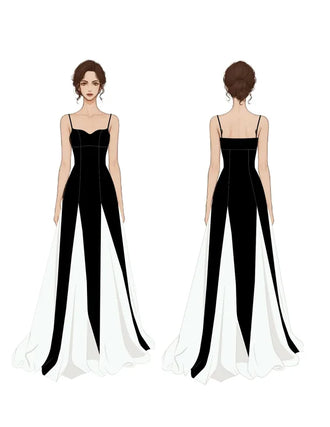 Patron PDF Robe Longue SILKA du 30 au 58, vue arrière, robe noire avec traîne en mousseline blanche