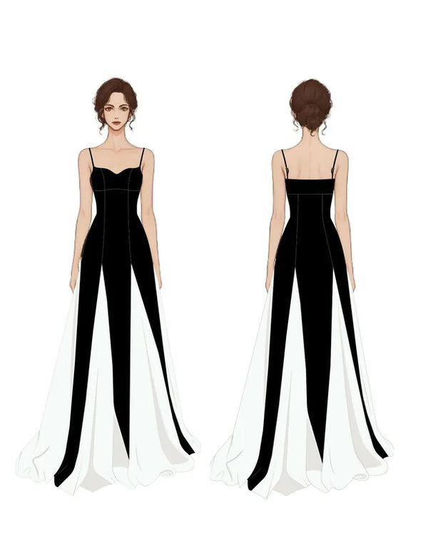 Patron PDF Robe Longue SILKA du 30 au 58, vue arrière, robe noire avec traîne en mousseline blanche