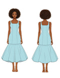 Patron PDF Robe ROSALI femme, vue dos et face, robe portefeuille évasée à basque, découpes latérales, col carré