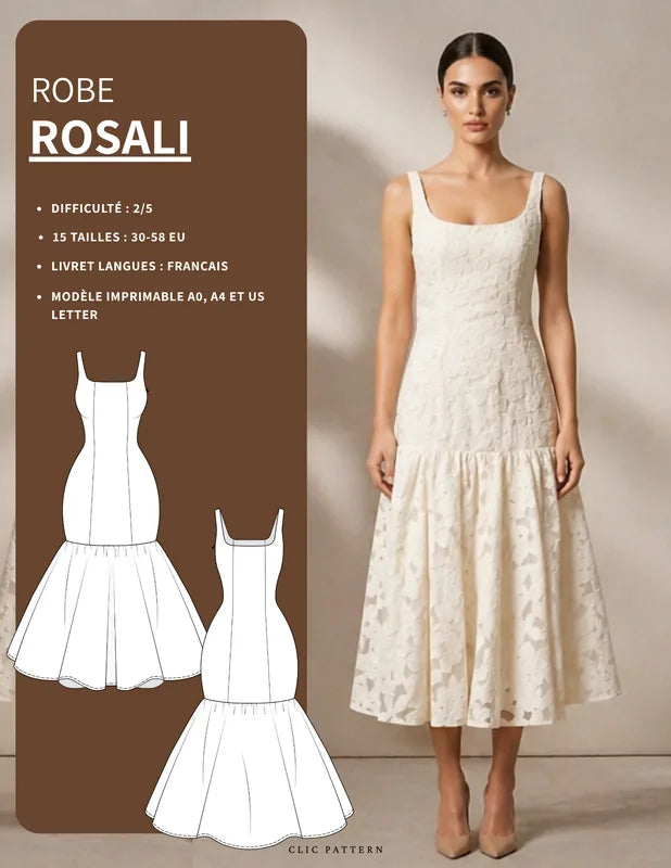 Femme portant le Patron PDF Robe ROSALI du 30 au 58, robe midi blanche en broderie anglaise, col carré, jupe évasée