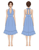 Patron PDF Robe SOLEA femme du 30 au 58, vue avant et arrière, robe portefeuille cache-cœur bleu avec volant à l'ourlet