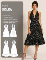 Femme portant le Patron PDF Robe SOLEA du 30 au 58, col cache-cœur en coton à pois blancs, vue de face et dos