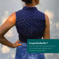 Femme portant le Patron PDF Robe et Top Pelagia, vue de dos, col chemise et jupe structurée en coton