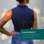 Femme portant le Patron PDF Robe et Top Pelagia, vue de dos, col chemise et jupe structurée en coton