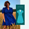 Femme portant le Patron PDF Robe Pelagia du 32 au 52, robe portefeuille manches courtes en velours bleu, dans un champ de blé