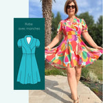 Femme portant le Patron PDF Robe Pelagia du 32 au 52, manches courtes, motifs géométriques colorés