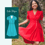 Femme portant le Patron PDF Robe Pelagia rouge, manches courtes bouffantes, col cache-cœur, dans un jardin