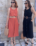 Patron PDF Robe Aliz du 32 au 52, vue n°5 en viscose, deux femmes portant la robe fluide boutonnée avec ceinture