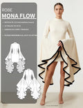 Patron PDF Robe MONA FLOW du 30 au 58, manches cape fluides, robe crème col montant avec traîne asymétrique à volants noirs
