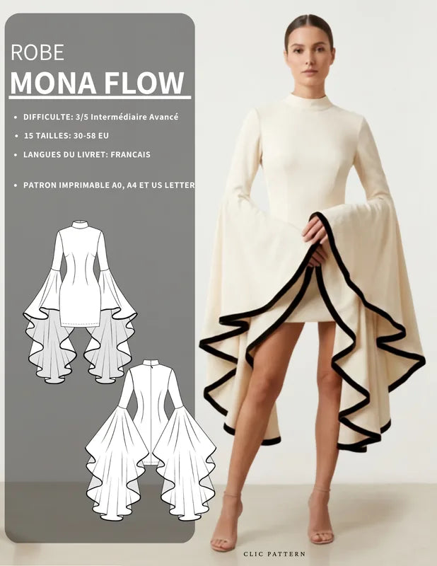 Patron PDF Robe MONA FLOW du 30 au 58, manches cape fluides, robe crème col montant avec traîne asymétrique à volants noirs