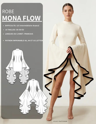 Patron PDF Robe MONA FLOW du 30 au 58, manches cape fluides, robe crème col montant avec traîne asymétrique à volants noirs