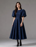 Patron PDF Robe longue Olga du 30 au 58, manches bouffantes, denim bleu, silhouette évasée