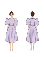 Patron PDF Robe longue Olga du 30 au 58, vue de face et de dos, manches bouffantes, jupe plissée midi