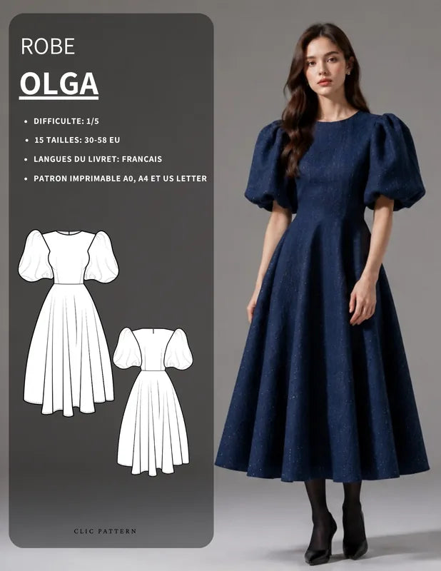Patron PDF Robe longue Olga du 30 au 58, manches bouffantes en denim, vue de face sur mannequin