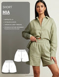 Femme portant le Patron PDF Short MIA du 30 au 58 en lin, coupe ample avec ceinture élastiquée