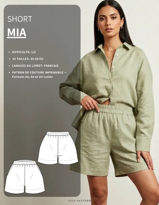 Femme portant le Patron PDF Short MIA du 30 au 58 en lin, coupe ample avec ceinture élastiquée