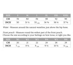 Tableau de tailles pour Patron PDF Sous-vêtements Homme WAKE UP STAR XS à XXXL, guide mesure tour de taille et poche avant