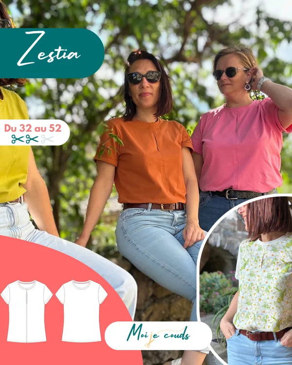 Patron PDF T-Shirt Femme Zestia du 32 au 52, trois femmes portant le modèle en coton dans un jardin ensoleillé