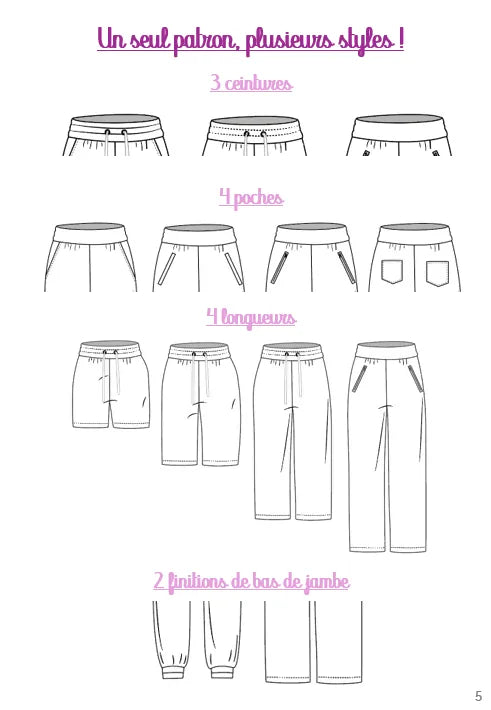 Patron PDF Pantalon A du 32 au 60, trois ceintures, quatre poches et longueurs variables