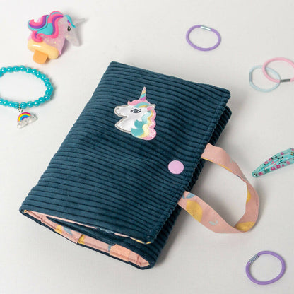 Pochette à bijoux Violette avec motif licorne, idéale pour filles et femmes, rangement pratique des bijoux.