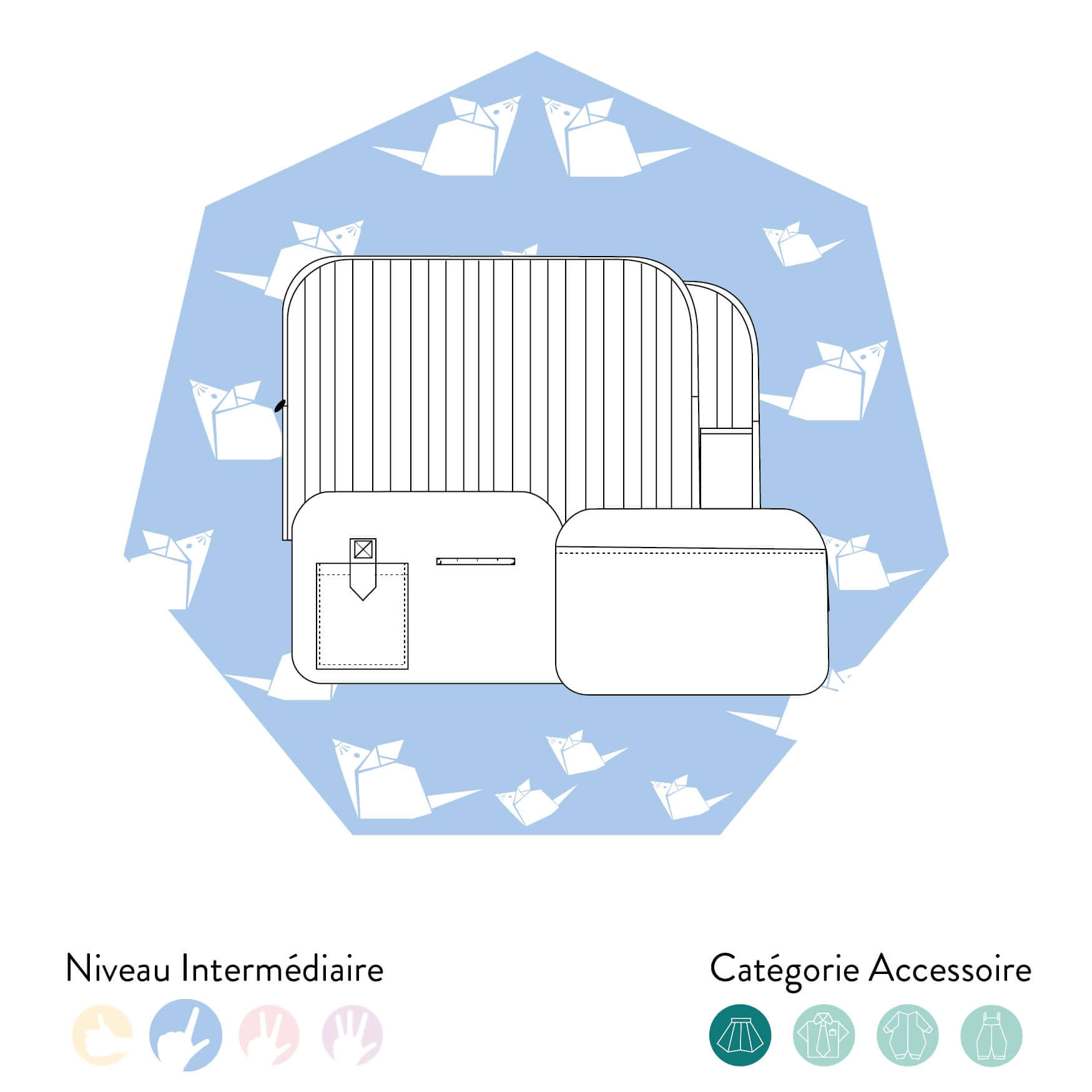 Pochette d'Ordinateur - Patron de couture pdf à télécharger, niveau intermédiaire, catégorie accessoire, fond origami bleu.