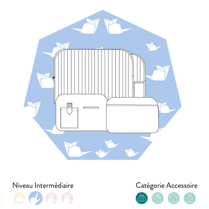 Pochette d'Ordinateur - Patron de couture pdf à télécharger, niveau intermédiaire, catégorie accessoire, fond origami bleu.