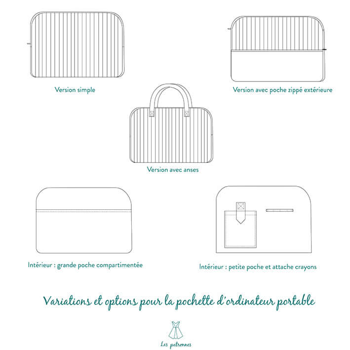 Variantes de Pochette d'Ordinateur, patron de couture pdf à télécharger.