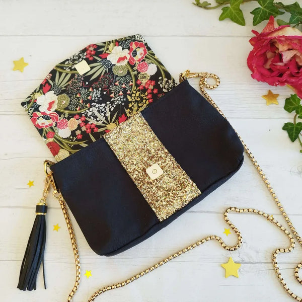 Pochette de cérémonie Lyna noire et dorée avec chaîne dorée, patron de couture pdf à télécharger