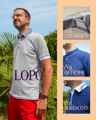 Homme portant un Polo LOPO gris avec options de col chemisier, col officier et bord-côte, patron de couture pdf à télécharger.