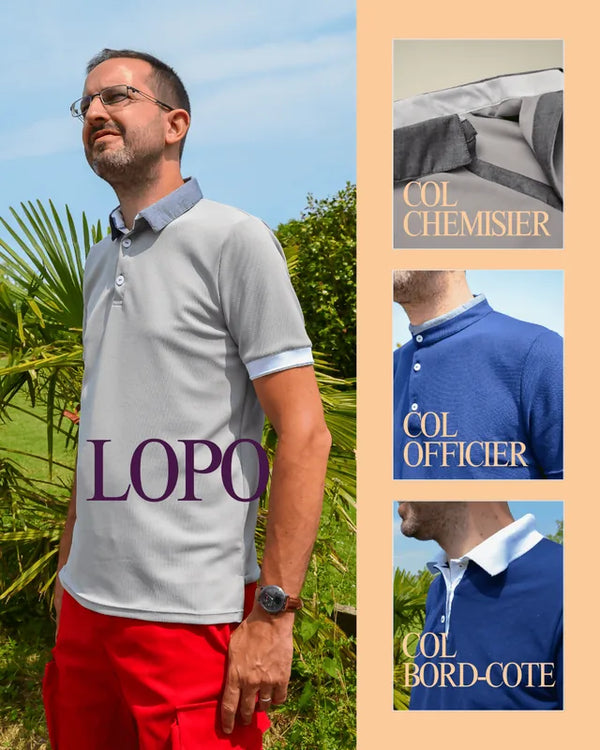 Homme portant un Polo LOPO gris avec options de col chemisier, col officier et bord-côte, patron de couture pdf à télécharger.