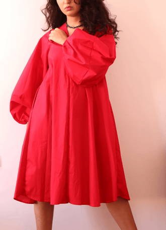 ROBE LILI- 15 tailles de 30à 58 EU, patron de couture pdf à télécharger, robe élégante midi rouge avec manches longues bouffantes et col V.
