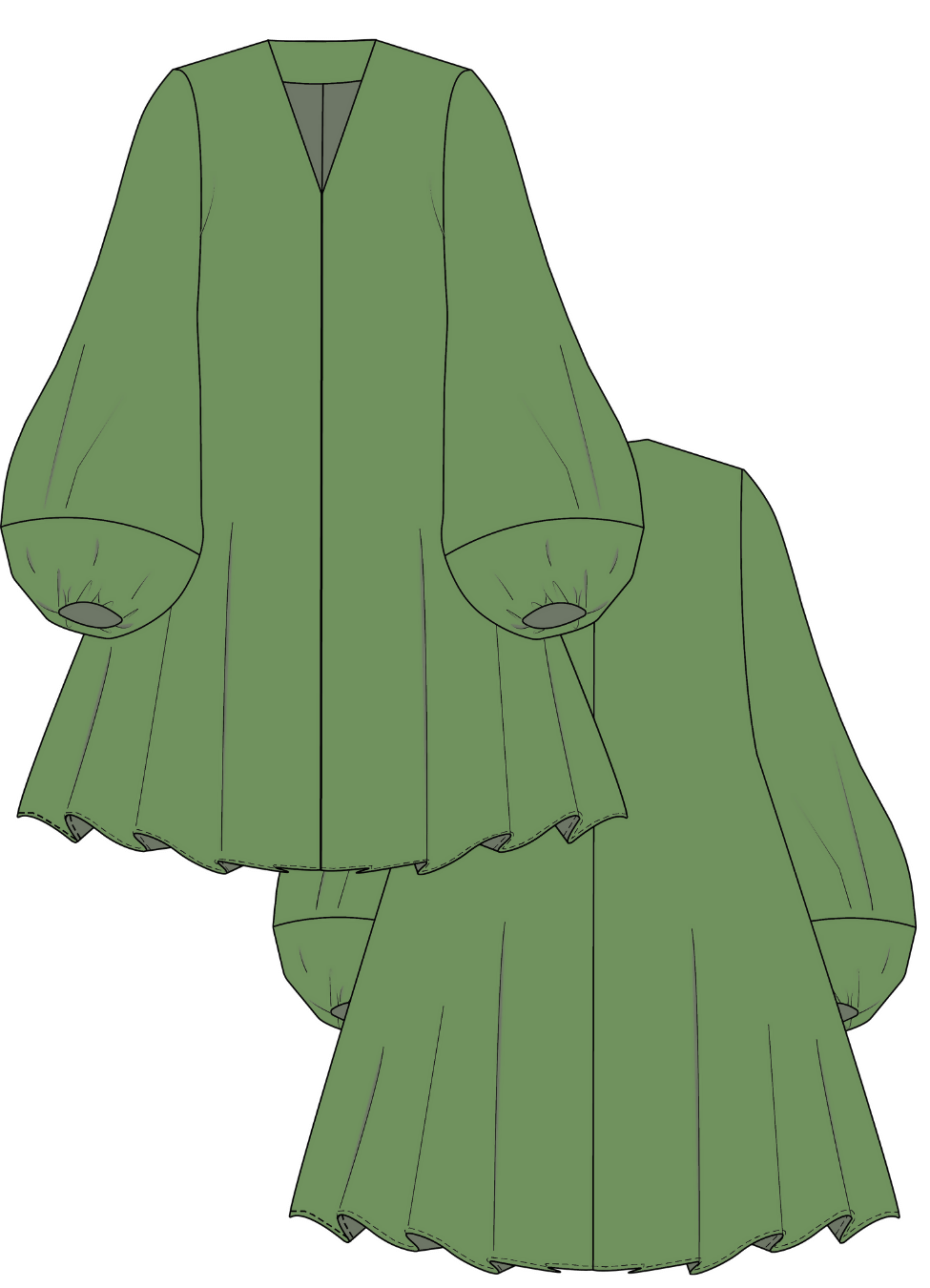 Illustration de la ROBE LILI- 15 tailles de 30à 58 EU, patron de couture pdf à télécharger, mettant en valeur ses manches bouffantes et col V.