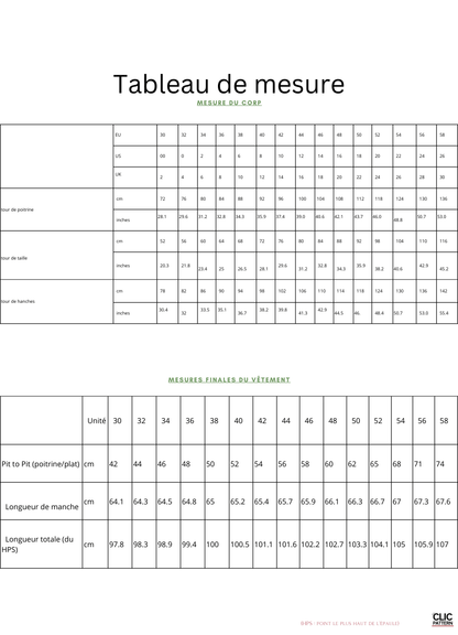 Tableau de mesures pour robe Lili, guide des tailles de 30 à 58 EU, patron de couture pdf à télécharger.