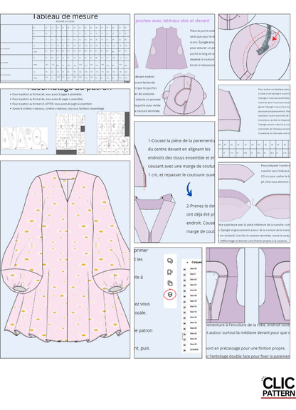 Patron de couture pdf à télécharger pour ROBE LILI- 15 tailles de 30à 58 EU, incluant guide d'assemblage et détails de couture.