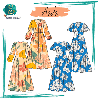 Patron de couture PDF Aédé, robe longue à manches longues et papillons, tailles 36 à 50, disponible en français.